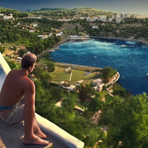 Prompt: man high up in the greek villas looking over at the water, scenic, beautiful landscape, 4 k, artstation