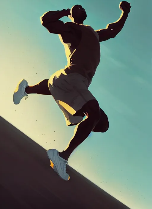 Image similar to dream highly detailed full body portrait of a black man sprinting on the olympics, completely engaged, magnificent, photographic realistic background, by atey ghailan, by greg rutkowski, by greg tocchini, by james gilleard, by joe fenton, by kaethe butcher, trending on instagram, award winning details