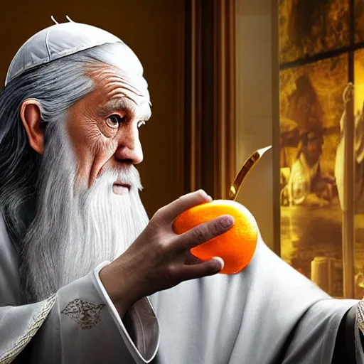 Prompt: gandalf the grey dressed as the pope drinking a glass of orange juice in a restaurant, realistic photograph, closeup