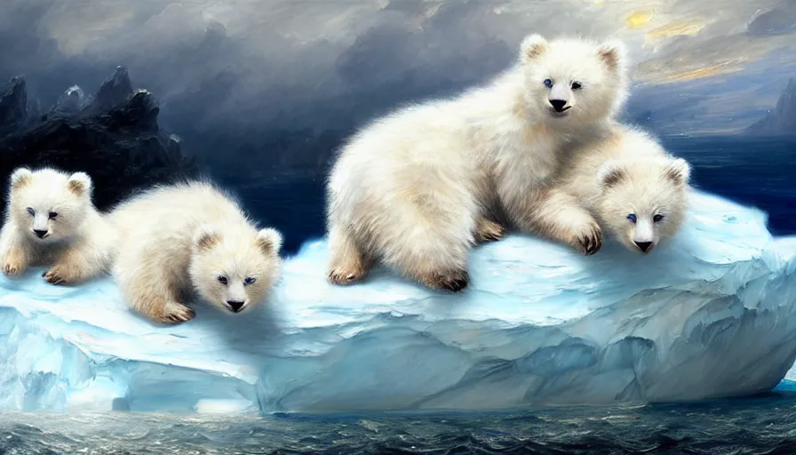 Prompt: highly detailed painting of cute furry white baby bear cats cuddling into each other on a blue and white iceberg by william turner, by greg rutkowski, by william constable, thick brush strokes and visible paint layers, 4 k resolution