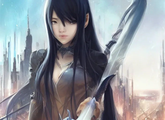 Image similar to girl with long black hair and a long black sword in front of a sci fi cityscape, ryohei fuke, makoto shinkai, detailed, cinematic, ultra - wide angle, dark sepia toned shading, luminescent eyes, detailed face, blue fire, trending on artstation, artgerm, wlop.