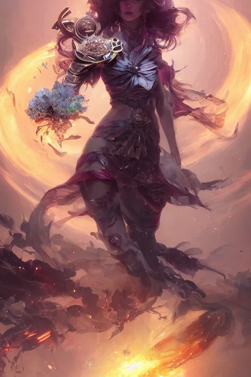 Prompt: beautiful girl necromancer covered with crystals exploding space, 3 d render, hyper realistic detailed portrait, holding magic flowers, ruan jia, wlop. scifi, fantasy, hyper detailed, octane render, concept art, peter mohrbacher