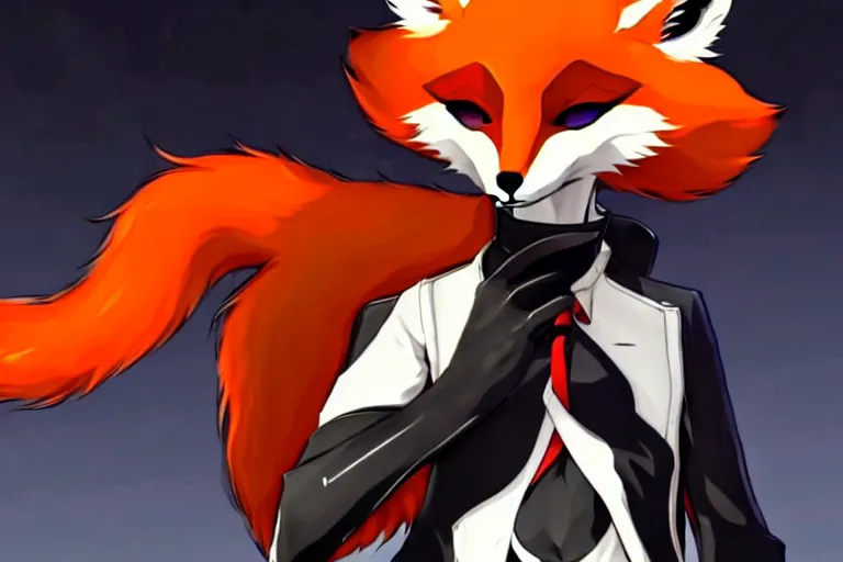 Image similar to a furry tan male fox on a persona 5 : royal ( by atlus ) video game splash screen, a furry male sandcolored tan fox fursona ( has hair ), persona 5 phantom thief style