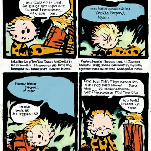 Image similar to A Calvin and Hobbes comic strip panel about demons