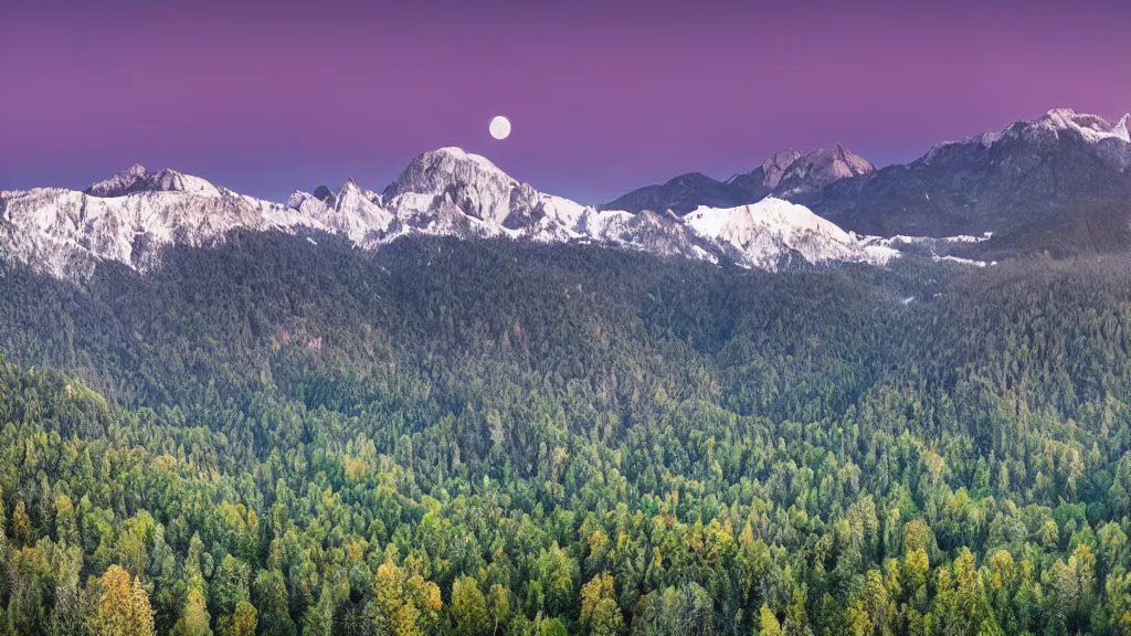 Image similar to Panoramic photo where the mountains are towering over the valley below their peaks shrouded in mist. The moon is just peeking over the horizon and the sky dark purple. The sky is blanketed with shiny stars. The river is winding its way through the valley and the trees are a vivid green