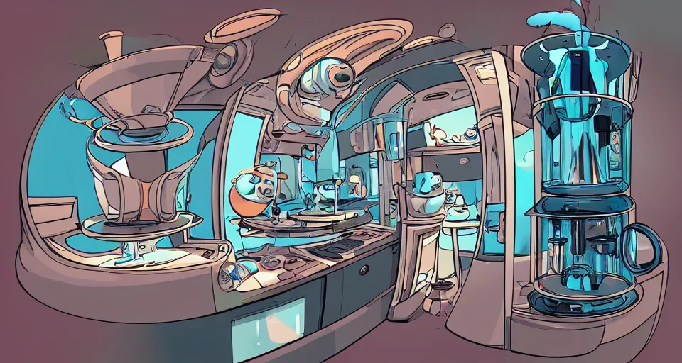 Image similar to a highly complex drip coffee maker in the futuristic era kitchen, jetsons design style, in the style of hownosm and james jean, ultimate collab, epic, digital art, 3 d, h 9 6 0