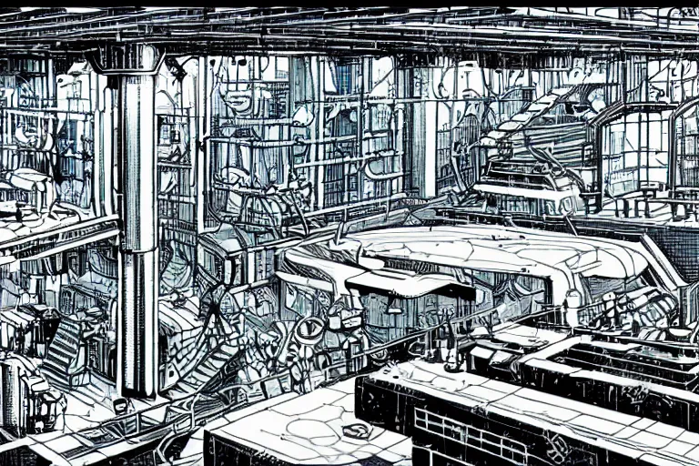 Prompt: a scifi illustration, factory interior. seen from above in FANTASTIC PLANET La planète sauvage animation by René Laloux, line brush