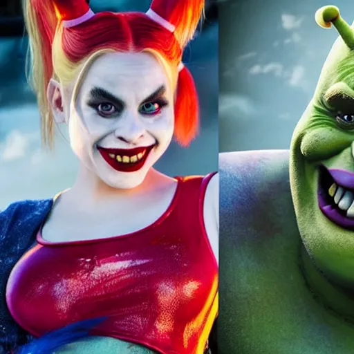 Image similar to Shrek as real-life Harley Quinn, cinematic, Wide-shot, atmospheric lighting, extreme detail, 8K, movie still