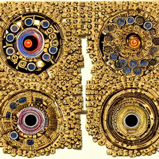 Prompt: beings made out of interlocking gold wheels with each wheel’s exterior covered with multiple eyes. They move by floating themselves in the sky