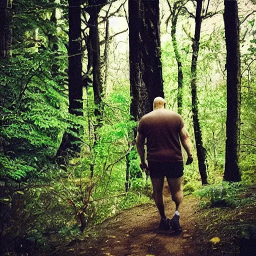 Image similar to “ poor quality nature photography of a bald man hiking in the woods, startled by bigfoot walking by ”