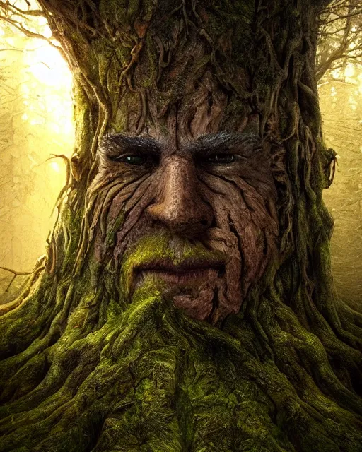 Image similar to a talking oak tree, a face in the bark, nose made of wood, eyes in the bark, fantasy concept art, leaves and moss, digital painting, oil painting, hyperrealistic, beautiful, treebeard, ent, highly detailed, soft lighting, golden sunlight, very detailed eyes, artstation, cgsociety, in the forest, by alan lee, by artgerm