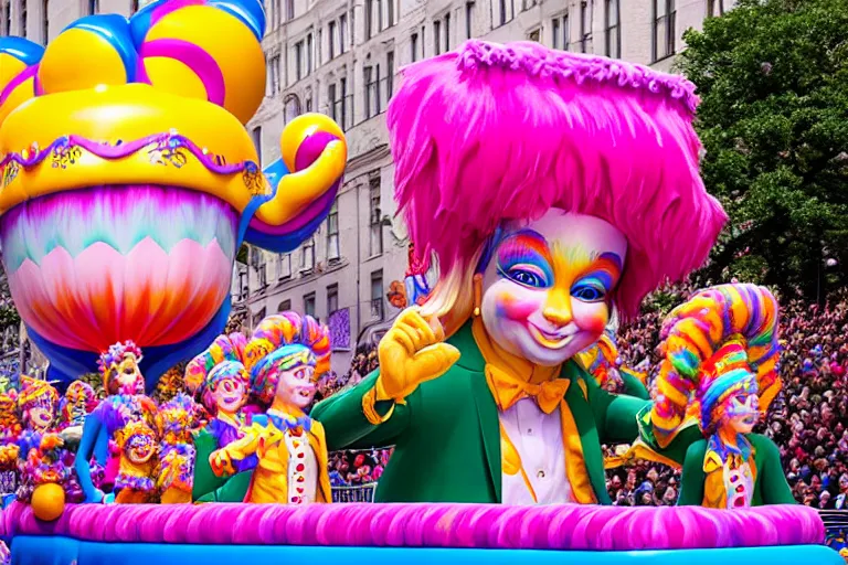 Image similar to photo of giant beautiful elaborate parade float character designed by ( ( ( ( ( ( ( ( lisa frank ) ) ) ) ) ) ) ) and wes anderson!!!!!!!!!!!!!!, in the macys parade, detailed 4 k photo,