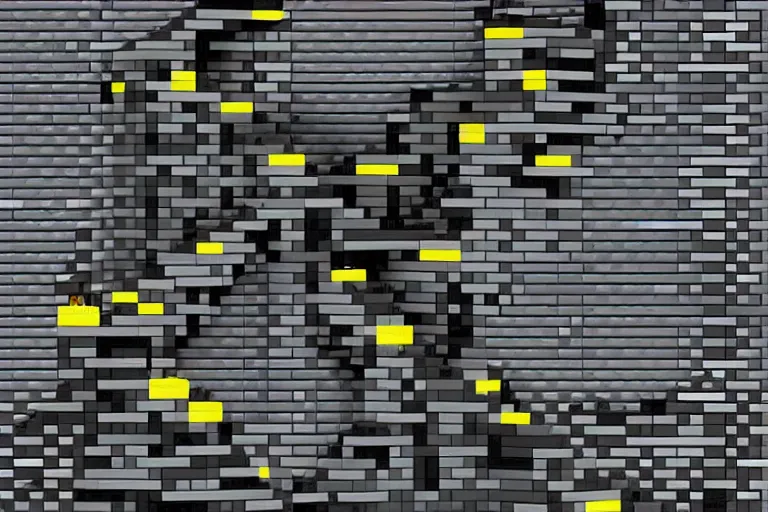 Image similar to a darkened stairway made of lego, with a small faceless figure walking down them, digital art