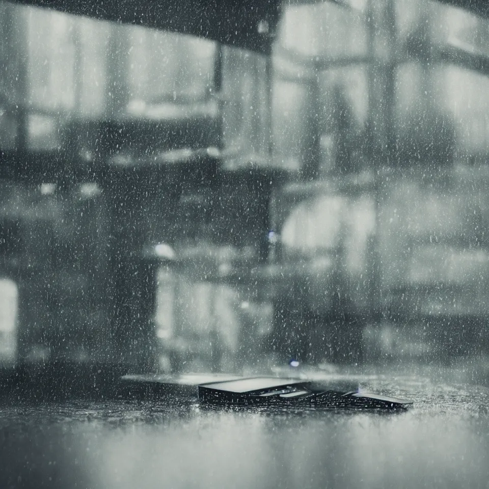 Image similar to lofi, rainy day, mood, laptop, octane render, light leaks 4k premiere pro, hyper realistic