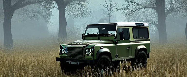 Image similar to Land Rover Defender 110 (1985), The Elder Scrolls V: Skyrim, Riften, The Rift, an epic fantasy, autumn, living flora, spriggans, humanoid flora, green floral energy going through spriggans, wooden forest spirits, dramatic lighting, cinematic, establishing shot, extremely high detail, photorealistic, cinematic lighting, artstation, by simon stalenhag