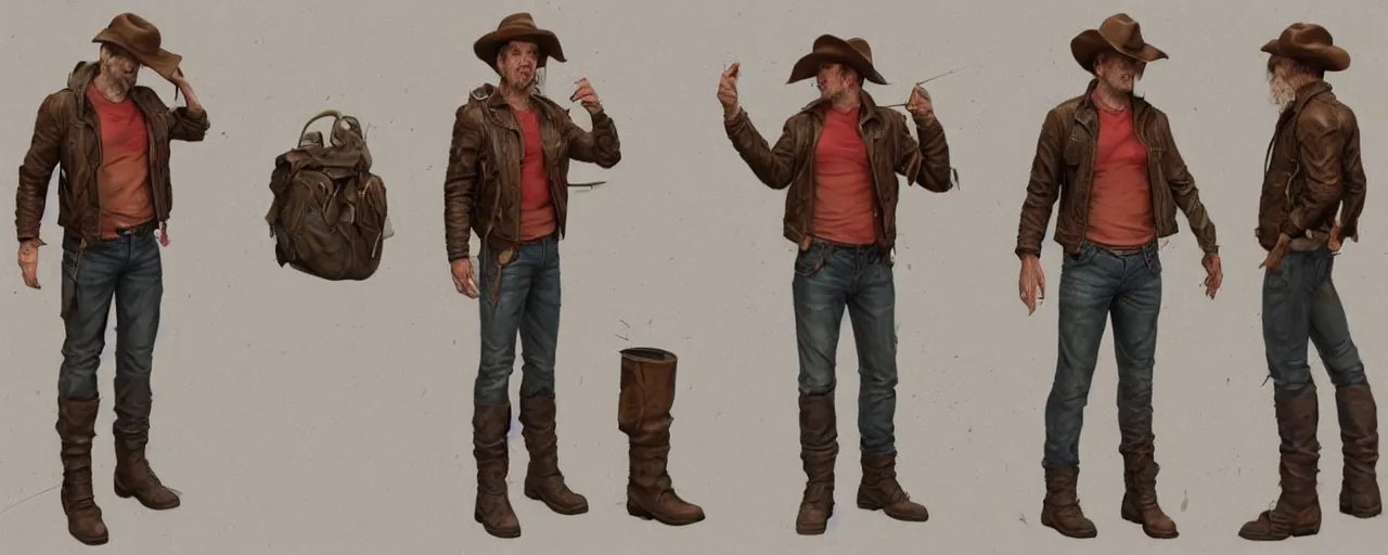 Image similar to character design, reference sheet, 40's adventurer, unshaven, optimistic, stained dirty clothing, straw hat, riding boots, red t-shirt, dusty rown bomber leather jacket, messenger bag, detailed, concept art, photorealistic, hyperdetailed, 3d rendering , art by Leyendecker and frazetta,