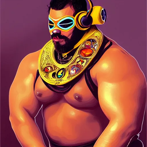 Prompt: portrait of lucha libre dj, muscular, headphones, thick golden ring around the neck, fantasy, intricate, elegant, highly detailed, digital painting, artstation, concept art, smooth, sharp focus, illustration, art by tom of finland and artgerm and greg rutkowski and alphonse mucha