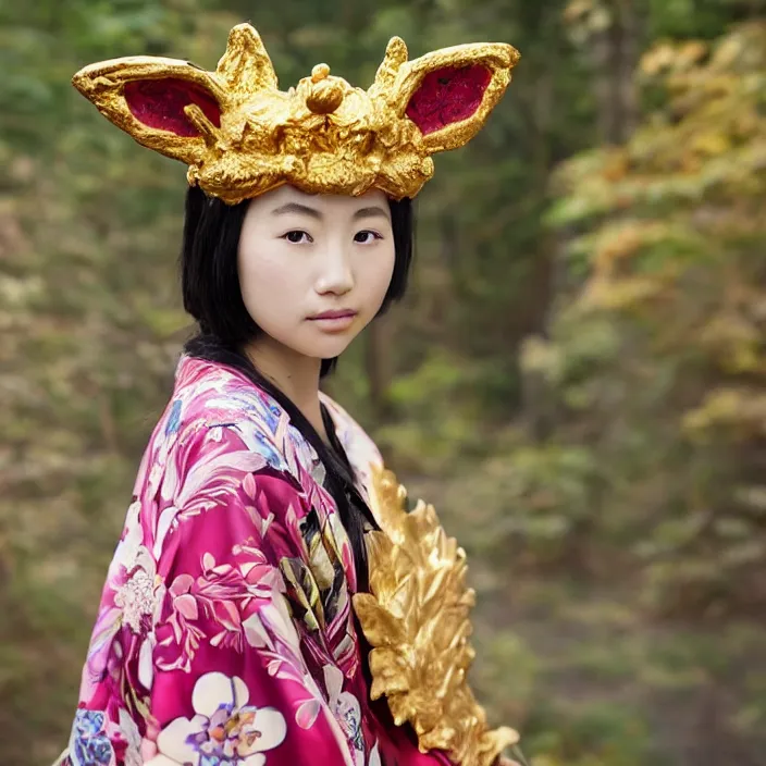 Prompt: portrait photograph of an extremely beautiful!!!! young Asian female , symmetric face!, symmetric round detailed eyes!!, slight smile, natural light, wearing a flower kimono!! with a very detailed fox!! behind her shoulder in front of a hot spring. looking at the camera!!. golden crown made of golden leaves. super resolution. Artgerm, Ralph mucha, Extremely detailed. Graflex camera!, bokeh!!!!! trending on artstation.