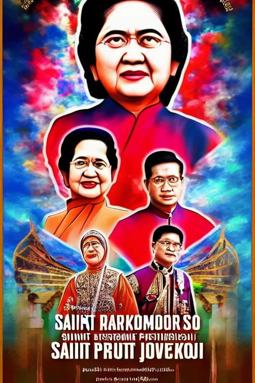 Image similar to poster of saint megawati soekarno putri, uhd, arstation, 1 0 8 0 p, ultra realistic detail, jacqueline e, tafy, bo feng, love hate love