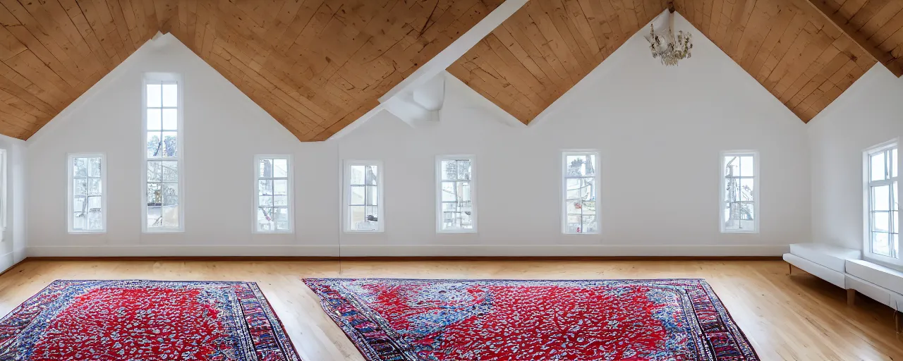 Image similar to low ceiling attic, white painted ceiling, with 2 rectangular skylights opposing each other, with a large square skylight in the back right corner of the room, with exquisite turkish and persian rugs, polished plywood floor, XF IQ4, 150MP, 50mm, F1.4, ISO 200, 1/160s, natural light