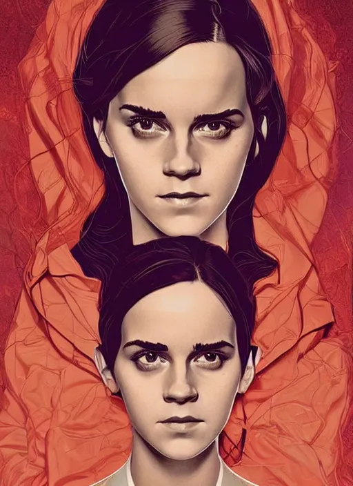 Prompt: poster artwork by Michael Whelan and Tomer Hanuka, Karol Bak of Emma Watson nun, repressing her feelings for her secret love from scene from Twin Peaks, clean