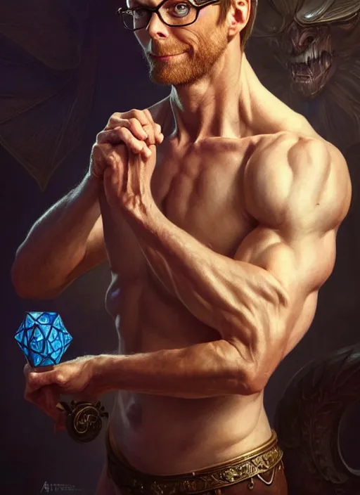 Prompt: portrait of stephen merchant, d & d, muscular! fantasy, intricate, elegant, highly detailed, digital painting, artstation, concept art, smooth, sharp focus, illustration, art by artgerm and greg rutkowski and alphonse mucha