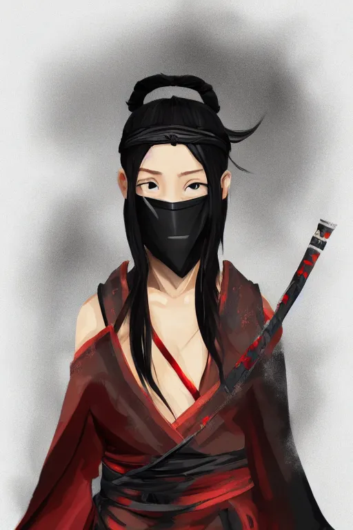 Image similar to native japanese young woman dressed like shinobi ninja, focused stare, partially masked, digital painting, trending on artstation, character design, overcast weather