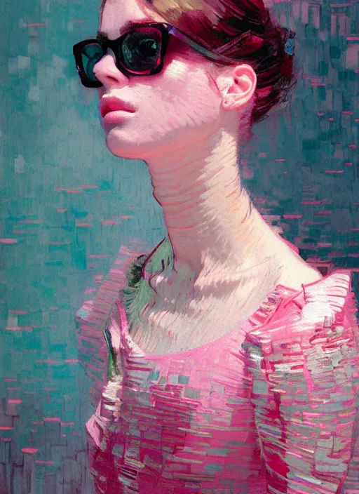 Image similar to portrait of a beautiful girl, eyes closed, shades of pink, beautiful face, rule of thirds, intricate outfit, spotlight, by greg rutkowski, by jeremy mann, by francoise nielly, by van gogh, digital painting