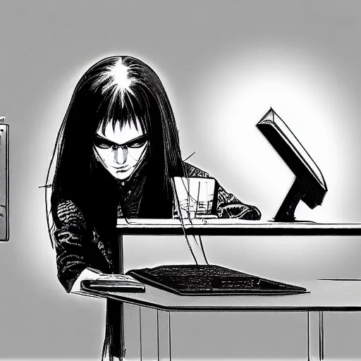 Prompt: a goth computer nerd sitting in front of computer screen, by mike deodato, small details, aesthetic,