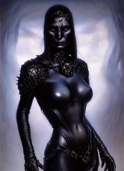 Image similar to female necromancer, black leather body suit, full body, hyper realistic, extremely detailed, dnd character art portrait, dark fantasy art, intricate fantasy painting, dramatic lighting, vivid colors, deviantart, artstation, by edgar maxence and caravaggio and michael whelan and delacroix.