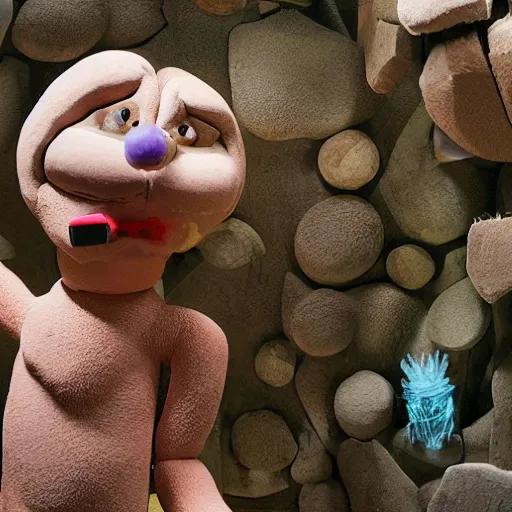 Prompt: a claymation film still of anthropomorphic stone / collection / ethnographic museum / claymation by jeff koons