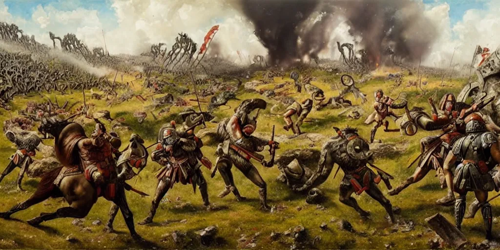 Prompt: scene from ancient battlefield, painting by otto dix and greg rutkowski, 8 k