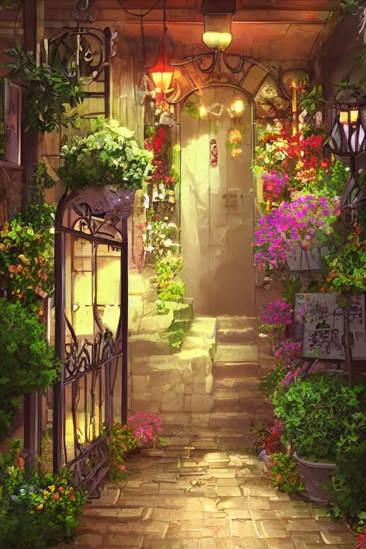 Image similar to a little flower shop's front gate, refreshing, digital illustration, pixiv, dramatic lighting