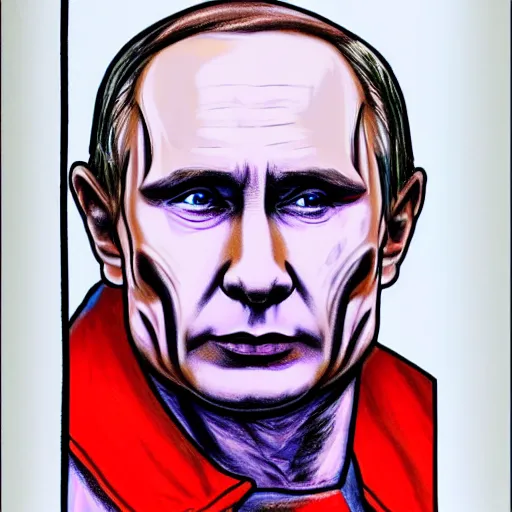 Image similar to Colored crayon drawing of Vladimir Putin as the terminator, half robotic face, red eyes glowing