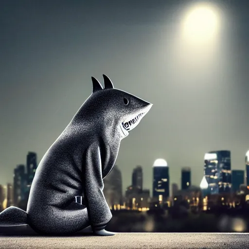 Prompt: anthropomorphic great white shark wearing a black hoodie and pants at night sitting alone underneath a single street light with a city of lights in the background, photorealistic, 8 k