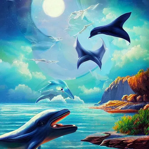 Prompt: Flying Dolphins in a Futuristic World of Floating Islands and Magical Atlantean Technology, Artstation Painting, Nature-Focused, Beautiful Scenery