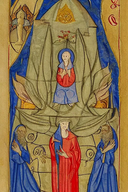 Prompt: page from an illuminated manuscript that shows Hildegard von Bingen receiving divine inspiration from cthulu