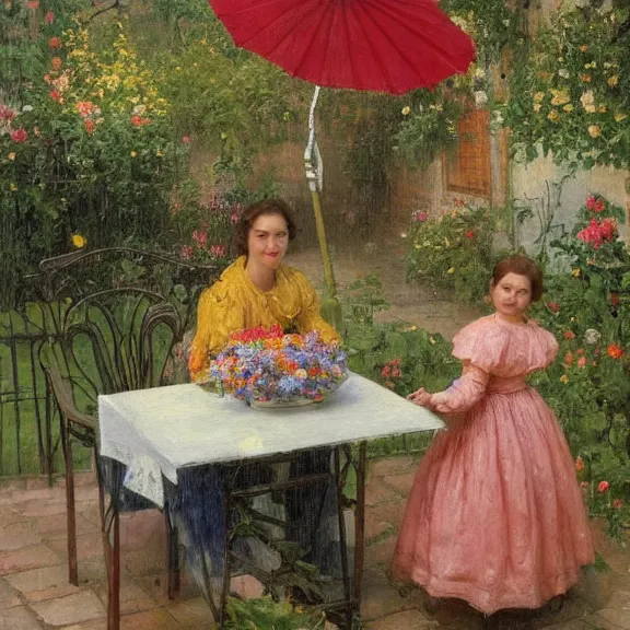 Prompt: a housewife and her daughter putting dishes on a table in the backyard, a tilted parasol sits above the table, a garden with colorful flowers in the background, rainy scene, 1 9 5 0's, medium symmetry, by ilya repin, extreme detail, 8 k, intricate abstract, photorealistic