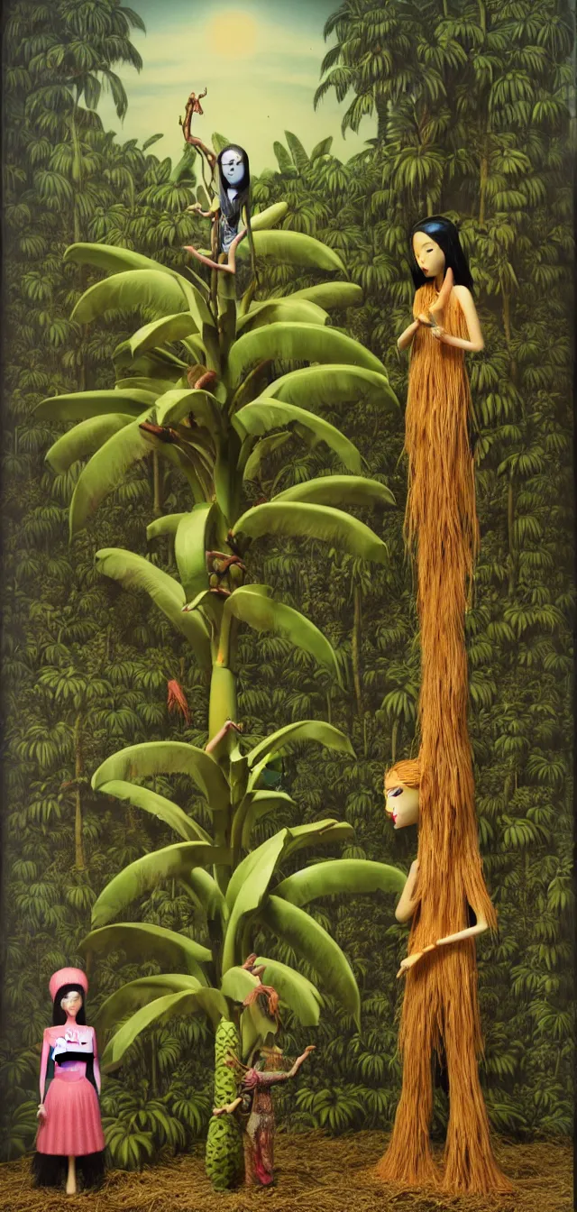 Prompt: diorama of a one single pontianak standing beside one single banana tree by mark ryden