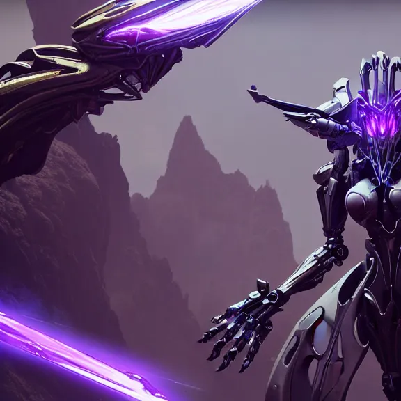 Image similar to extremely detailed cinematic low ground shot of a giant 1000 meter tall beautiful stunning saryn prime female warframe goddess, that's an anthropomorphic hot robot mecha female dragon, silver sharp streamlined armor, detailed head, sharp claws, glowing Purple LED eyes, sitting cutely in the background on top of a mountain, a tiny forest with a village in the foreground, fog rolling in, dragon art, warframe fanart, Destiny fanart, micro art, macro art, giantess art, fantasy, goddess art, furry art, furaffinity, high quality 3D realistic, DeviantArt, Eka's Portal, HD, depth of field