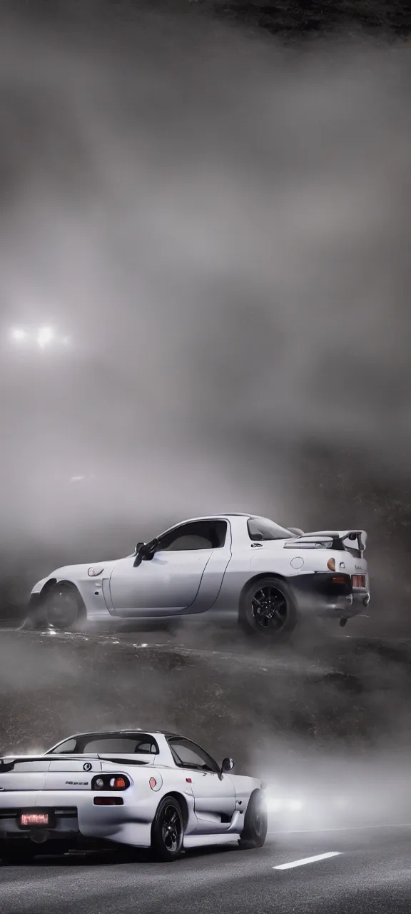 Image similar to a jdm mazda rx - 7 on a highway, cinematic, long exposure, white balance, 8 k, led, lumen global illumination, fog, ray tracing reflections