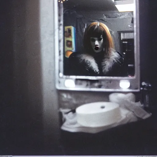 Image similar to cinestill 5 0 d candid photographic portrait by stanley kubrick of a feminine man wearing rugged black techwear and glitter goth makeup looking in the shattered bathroom mirror, cramped new york apartment, medium shot, retrofuturism cyberpunk cinematic, light and shadows, 8 k, hd, high resolution, 3 5 mm, f / 3 2, ultra realistic faces