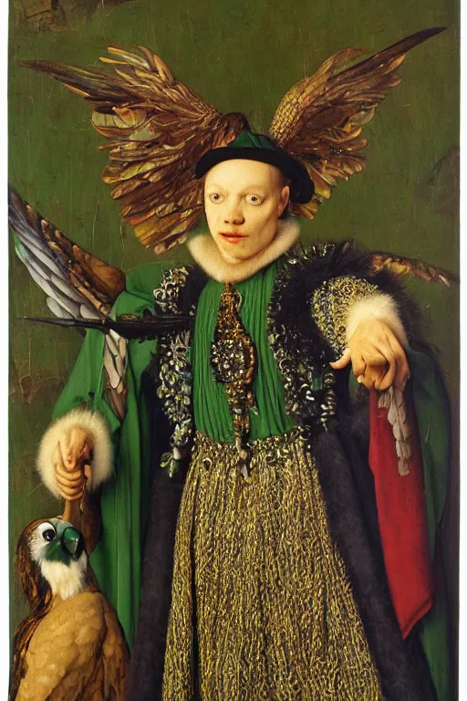 Image similar to portrait of humanoid iridescent green harpy eagle wearing a loose tunic. an anthropomorphic harpy birdr. fantasy, oil painting by jan van eyck, northern renaissance art, oil on canvas, wet - on - wet technique, realistic, expressive emotions, intricate textures, illusionistic detail