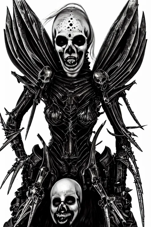 Prompt: skull queen in full armor, blade wings, psycho stupid fuck it insane, looks like death but cant seem to confirm, cinematic lighting, bioluminescence fluorescent phosphorescent, various refining methods, micro macro autofocus, ultra definition, award winning photo, to hell with you, glowing bones, devianart craze, a gammell - giger film