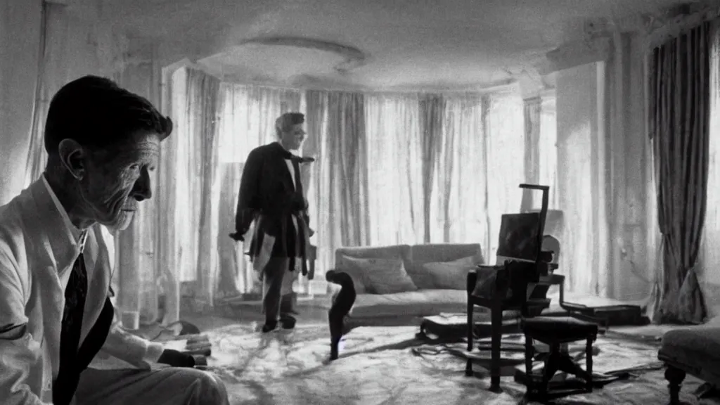 Image similar to an mri image of james cavell in the living room, film still from the movie directed by denis villeneuve with art direction by salvador dali, wide lens