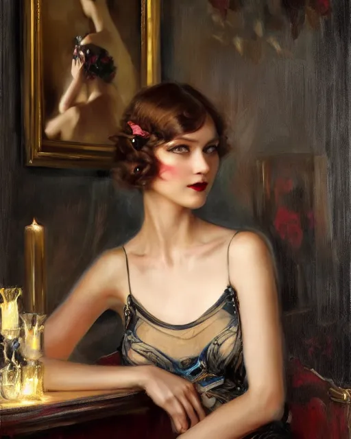 Image similar to daniel gerhartz and artgerm portrait painting of a 1 9 2 0 s beautiful woman at a party in a mansion, mansion interior in the background, unreal engine, hyper realism, realistic shading, cinematic composition, realistic render, octane render, detailed textures, photorealistic, ultrawide shot, 3 5 mm film