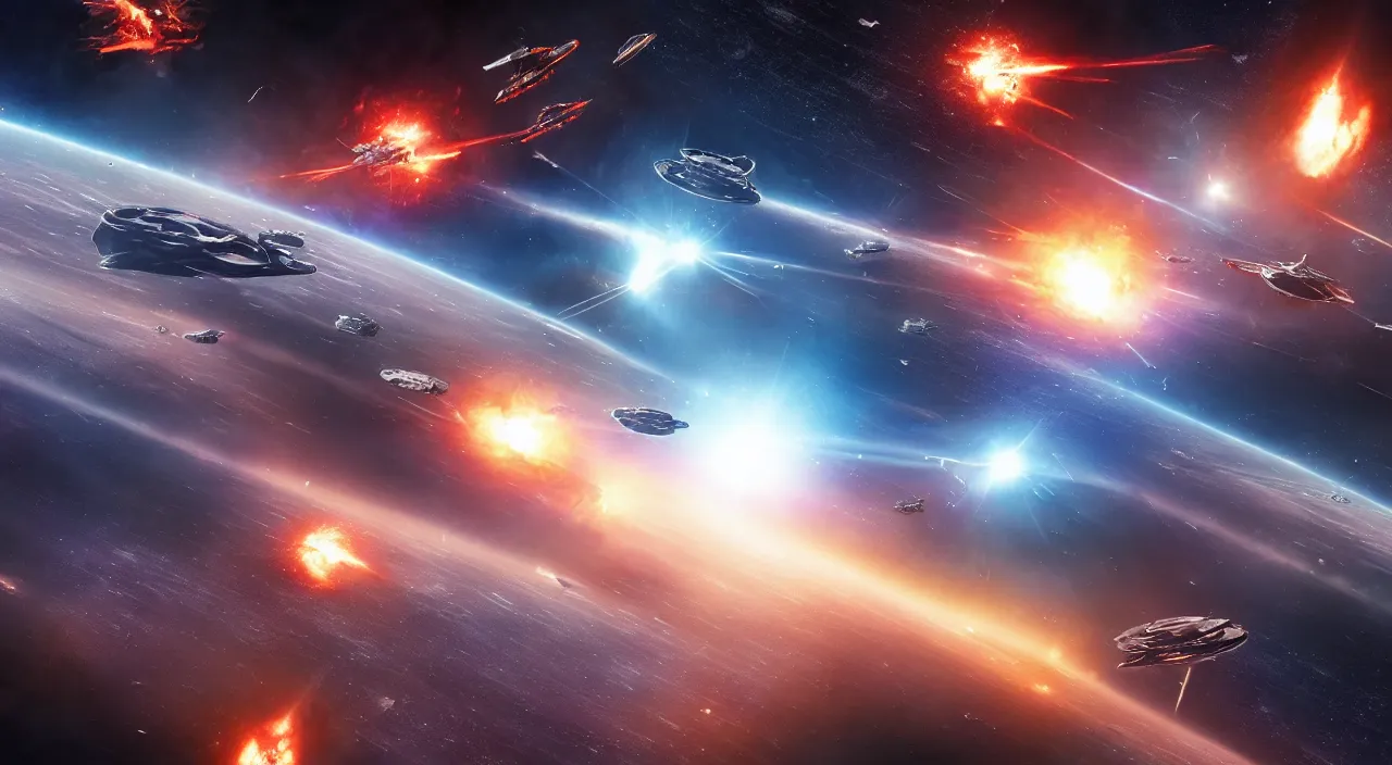 Prompt: View from space of two planet-sized space ships battling in space, epic space battle , explosions , lazers , sci fi , concept art ,matte painting 4K Cinematic , battlestar galactica , Award winning, ultra high resolution, intricate details, UHD 8K