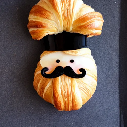 Image similar to croissant with a top hat and a mustache