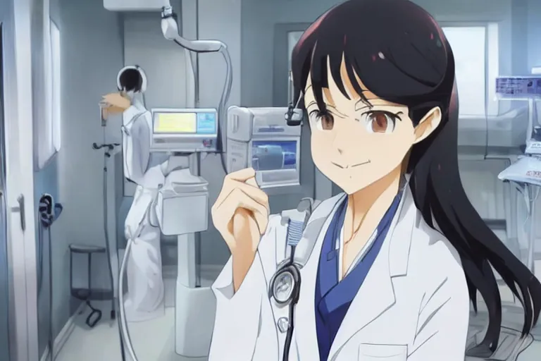 Prompt: a cute and beautiful young lady, a radiologist wearing white coat in a hospital ward, highly detailed, slice of life anime, anime scenery by Makoto shinkai