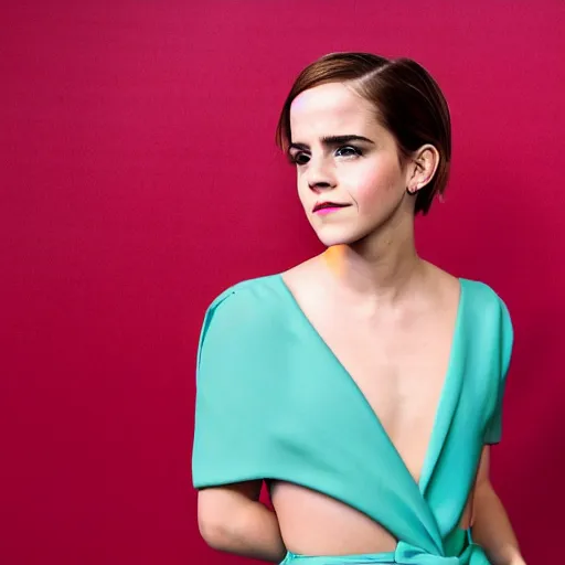 Prompt: Emma Watson in front of a greenscreen, EOS-1D, f/1.4, ISO 200, 1/160s, 8K, RAW, symmetrical balance, in-frame, Dolby Vision